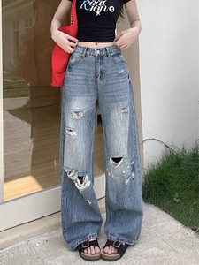Pantalones Vaqueros Anchos de Cintura Baja Desgastados, Estilo Moderno y Versátil, que Cubren las Caderas, para Mujer - Product Image 3