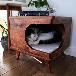 Gefineerd Kattenbed Bank Hoektafel Nachtkastje Houten Huisdiermeubilair Geometrische Bijzettafel Houten Kat Bijzettafel - Product Image 4