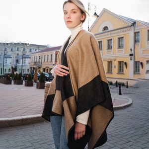 Autumn Winter Mid Length Poncho <b>Cape</b>, Reversible Color Block Jacquard <b>Wool</b> Banquet Shawl Factory Bulk Wholesale - Product Image 3