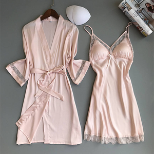 Female 2PCS Luxury Robe Set <b>Silk</b> Sleepwear Summer Kimono Bathrobe Lace Trim Dressing Gown Casual Nightgown <b>Lady</b> Nighty Robe Suit - Product Image 1