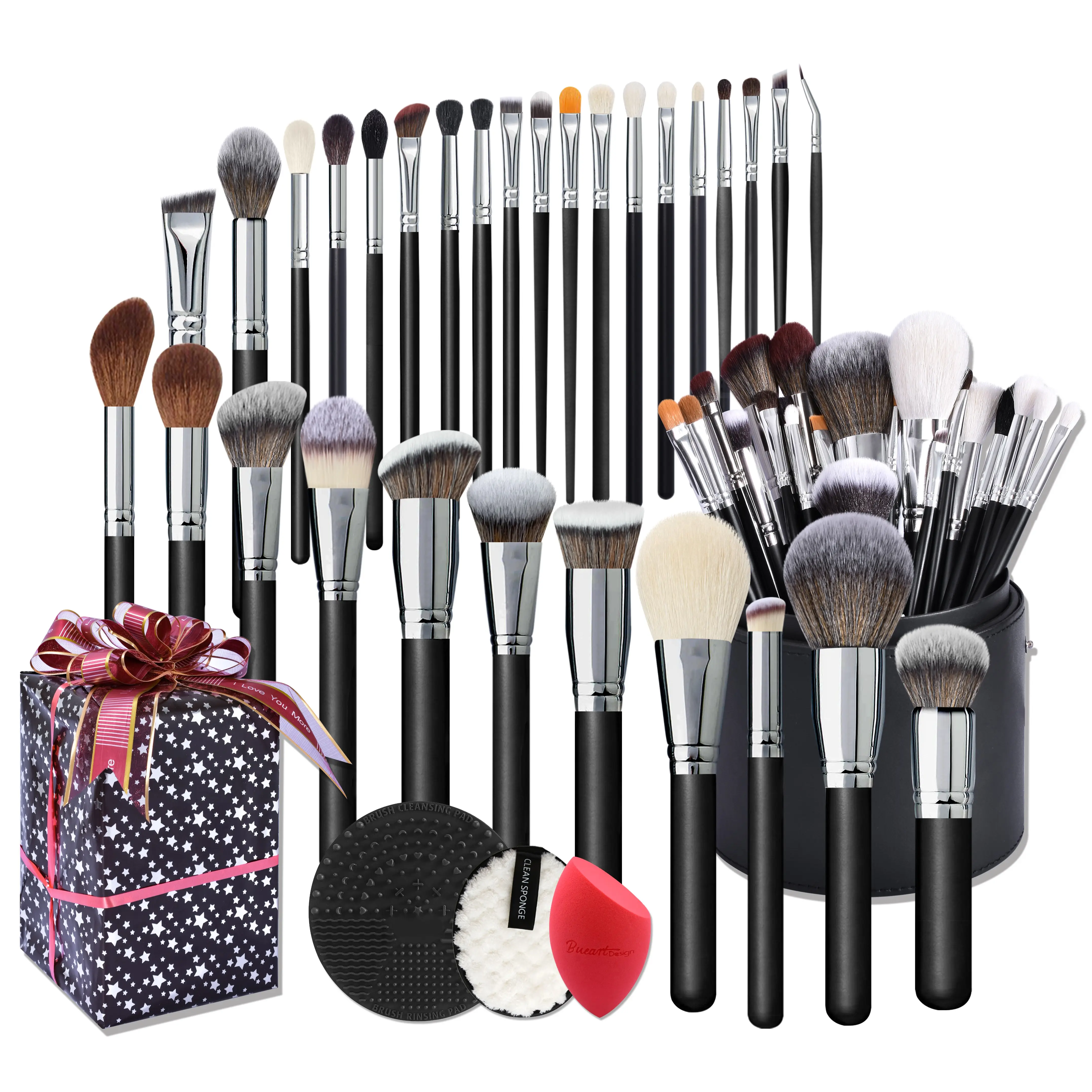 BUEYA Lot de 30 pinceaux de maquillage noirs professionnels de luxe pour chevrons et poney Pinceau de maquillage pour académie de maquillage pour artiste en poils d'animaux