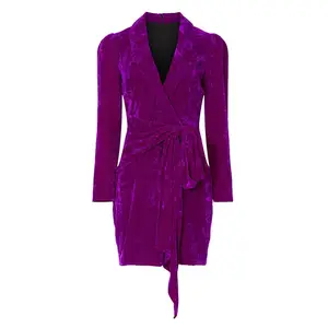 Elegant Purple Velvet Wrap Women Dress with Bow Tied at the Waist Long Sleeves Sexy V Neck Bodycon Dress