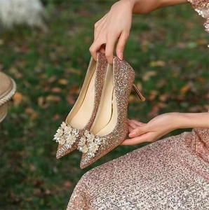 Luxury Shiny for Women Wholesale Custom Female High <b>Heels</b> Bridal Bridesmaid <b>Heel</b> Sandals Gold Dress Shoes - Product Image 4