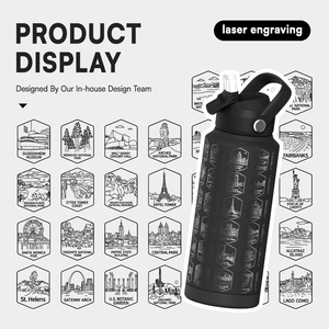 Bouteille d'eau en acier inoxydable à isolation sous vide de 32 oz avec gravure laser sur toute la surface et autocollants imperméables sur le thème des parcs nationaux - Product Image 4