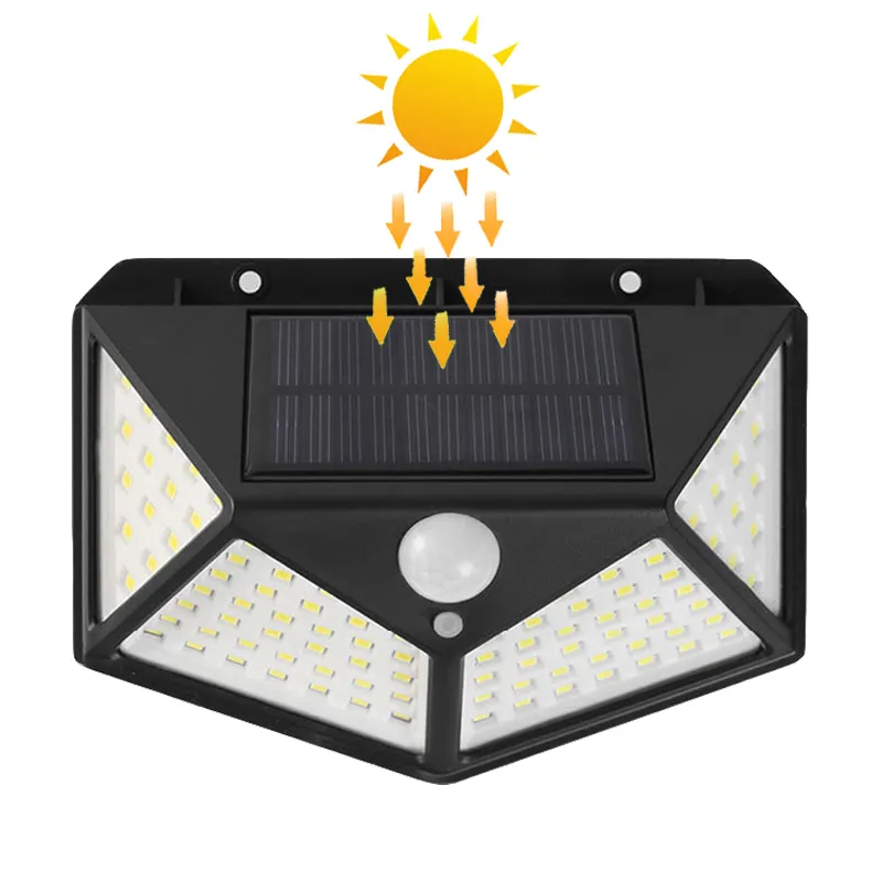 مصباح حدائق يعمل بالطاقة الشمسية للاستخدام في الأماكن الخارجية بشدة 100 مصباح LED ضد الماء بمستشعر حركة مصابيح جدارية للحدائق تعمل بالطاقة الشمسية