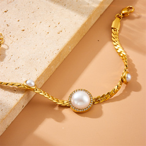 Women's Pearl Necklace <b>Bracelet</b> <b>Set</b> Gold Plated Chain Bezel Setting Party Jewelry Fine Jewelry <b>Set</b> - Product Image 2