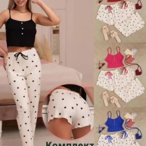 Pyjamas en forme de cœur de style européen et américain pour femmes, ensemble trois pièces doux et mignon pour le printemps et l'été, de haute qualité - Product Image 3