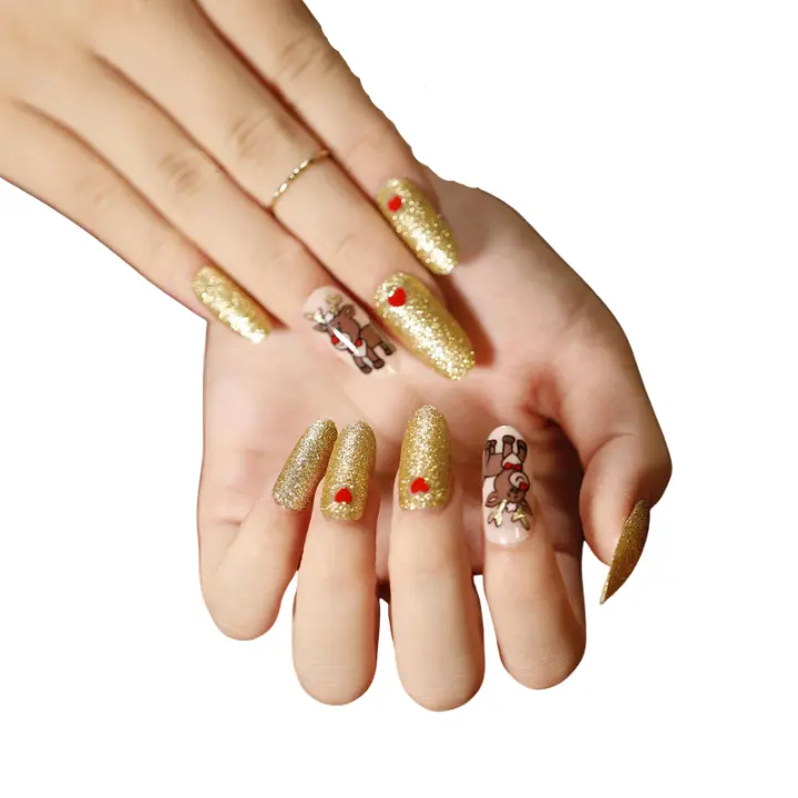 24pcs/set christmas press on nails Self-Adhesive false Nail Tips Design gold French Ballet christmas nail art 3d