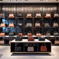 Support de présentation de sac à main en bois et en métal personnalisé, support de présentation de sac à main réglable en hauteur pour magasin de centre commercial