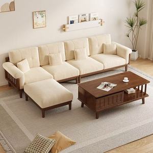 Japandi Modern Masif Ahşap Kanepe Takımı 1+2+3 Kişilik Krem Kumaş Oturma Odası Mobilyası - Product Image 5