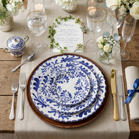 Ensemble de vaisselle en céramique ronde élégante de style baroque bleu floral, 12'', 10,5'', 8'', 6,5'', pour mariage, banquet, fête, vente en gros