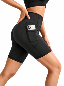 High Waist Black Yoga <b>Shorts</b> Pockets Four-Way Stretch Seamless Spandex/Polyester Fabric Tummy Control Elastic Custom Training - Product Image 1