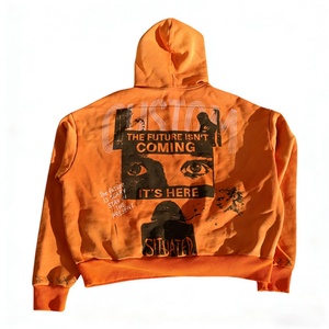 Sweat à capuche personnalisé orange surdimensionné en molleton épais, style streetwear Y2K, avec slogan graphique, poche kangourou, effet vintage délavé - Product Image 2