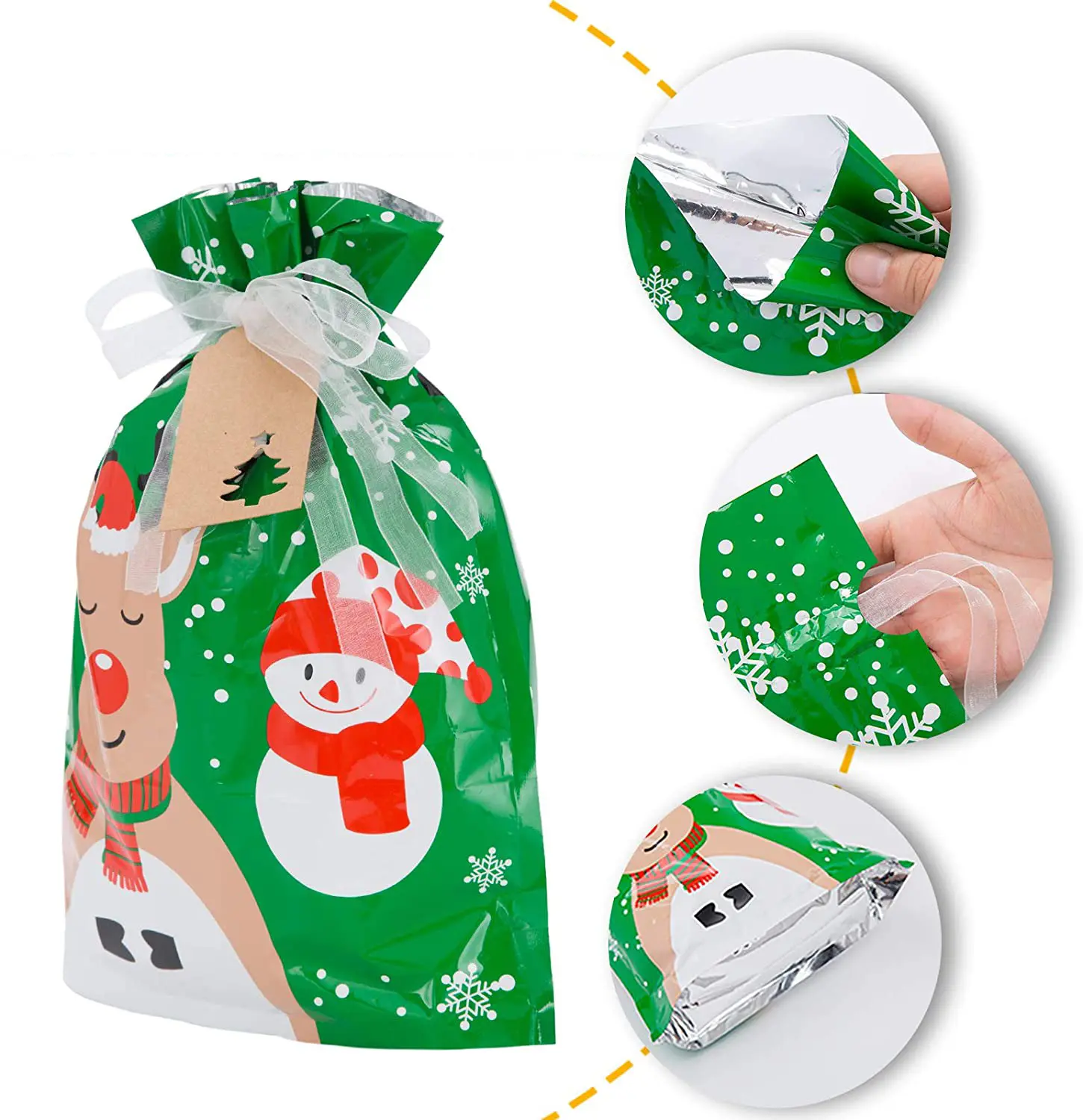 Assorted Size Large Plastic Foil Santa Christmas Gift goodie Wrapping Drawstring Bag with Ribbon Tie