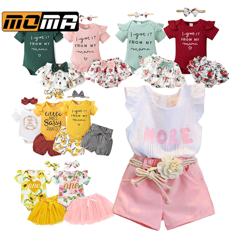 MOMA Hot Sale Summer Girls Clothing Set Stripe Ruffle Shoulder Top and Denim Shorts Pants Two Pieces Outfit