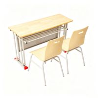 Ensemble bureau et chaise scolaire à hauteur fixe pour 2 personnes, grand bureau d'étude en bois avec étagère sous le bureau, mobilier étudiant écologique
