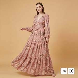 Abito lungo romantico floreale in viscosa a balze da donna, con maniche a sbuffo, scollo a V, linea ad A, tasche, estivo, elegante, OEM, taglie forti dalla S alla 5XL - Product Image 1