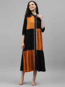 Robe chemise en rayonne tissée bicolore moutarde et noir pour femme, col à revers, manches 3/4, longueur midi, style western - Product Image 4