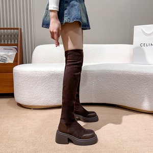 Bottines en daim style coréen élastiques et fines <span class=keywords><strong>pour</strong></span> femmes de petite taille, printemps automne 2023, nouvelles bottes mi-<span class=keywords><strong>mollet</strong></span> à semelle épaisse et bout carré - Product Image 4