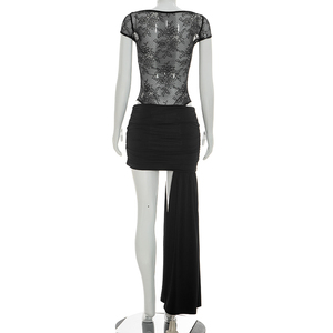 Viviblook Y26ST202 Women's Skirt <b>Set</b> <b>Sexy</b> Lace Patchwork Bodysuit Pleated Ribbon Skirt 2 Pieces <b>Set</b> - Product Image 4