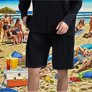 <b>Men's</b> 100% Polyester Casual Pleated Five-Quarter <b>Knee</b>-<b>Length</b> <b>Shorts</b>-Elastic Waist High Knitted Solid Color Summer Beach Loose - Product Image 2