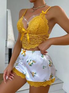 Lingerie Sexy in Pizzo Trasparente, Traspirante, con Motivi Floreali, Set Due Pezzi, Pigiama Estivo con Stampa Floreale, Vendita all'Ingrosso - Product Image 6