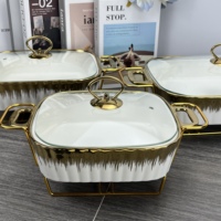 Plat Chafing Haut de Gamme Bord Doré, Ensemble Buffet de Luxe avec Chauffage, Casserole à Soupe en Céramique pour Traiteur, Chafing Dishes
