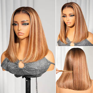 Perruque Bob pré-coupée en dentelle, ombrée marron chocolat avec mèches balayage, 13x6, sans colle, style Old Money, coupe courte ondulée - Product Image 2