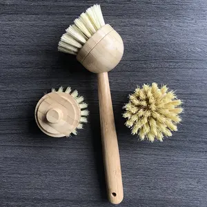 Fournisseur chinois outils de nettoyage de cuisine brosse de pot de nettoyage de cuisine détachable manche en bambou brosse à vaisselle en sisal