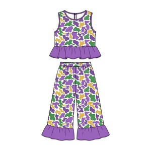 Conjunto de 2 Piezas para Niñas, Primavera, Top sin Mangas con Volantes y Pantalones Anchos, Estampado de Mardi Gras, Personalizable - Product Image 3