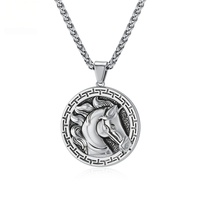 Collier pendentif rond tête de cheval poli vintage tendance pour homme, en acier inoxydable, chaîne de pull streetwear, bijou cadeau pour lui