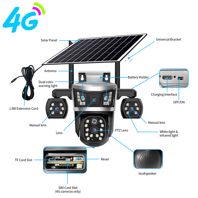 2026 New V380 Pro 4-Lens Zoom AOV Solar Security Camera 4K 8MP Outdoor 4G 24/7 Continuous Recording Multi-Lens Home Security