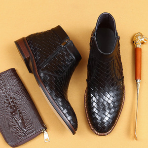 Bottes à lacets pour hommes en cuir véritable de haute qualité à semelle épaisse, toutes saisons, décontractées et professionnelles, antidérapantes - Product Image 1