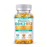 Capsules de Vitamine D3 K2 B12 en Gélules Molles à Marque Blanche 250mcg 200mcg MK7 pour l'Énergie, 60 Capsules pour Femmes, Complément Alimentaire