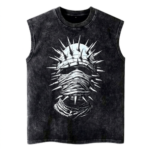 Débardeur sans manches pour homme style punk, en coton noir, col rond, imprimé masque à pointes, logo sur le devant - Product Image 1