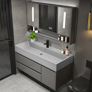 Mueble de baño moderno de pared con espejo LED, lavabo de cerámica, gabinete de MDF gris oscuro de 60 pulgadas, diseño contemporáneo - Product Image 2