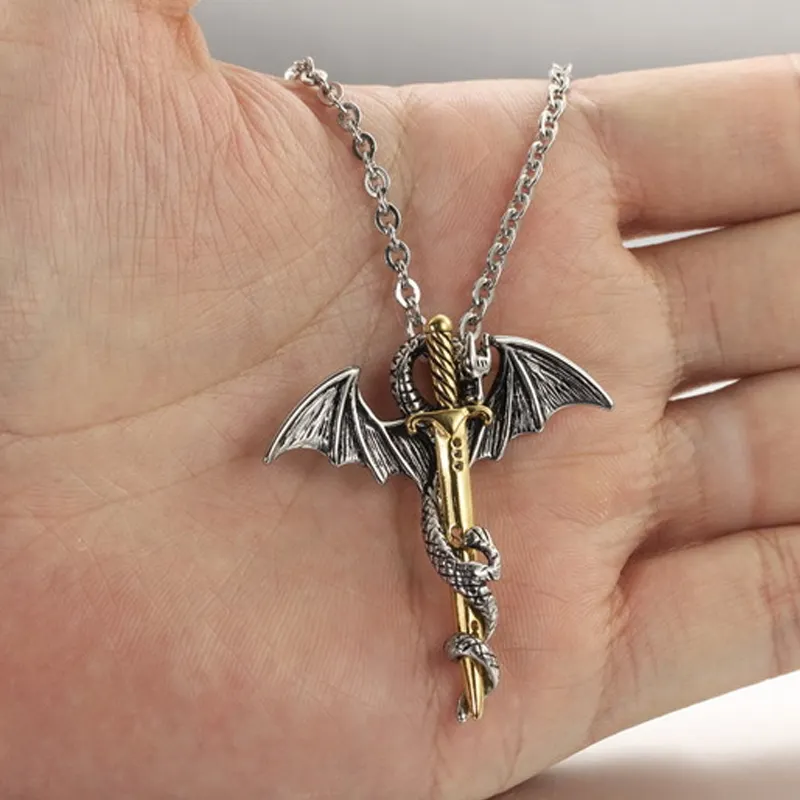 Stainless Steel Medieval Pterosaur Dragon Angle Wing Pendant Sword Necklace For Men Gifts