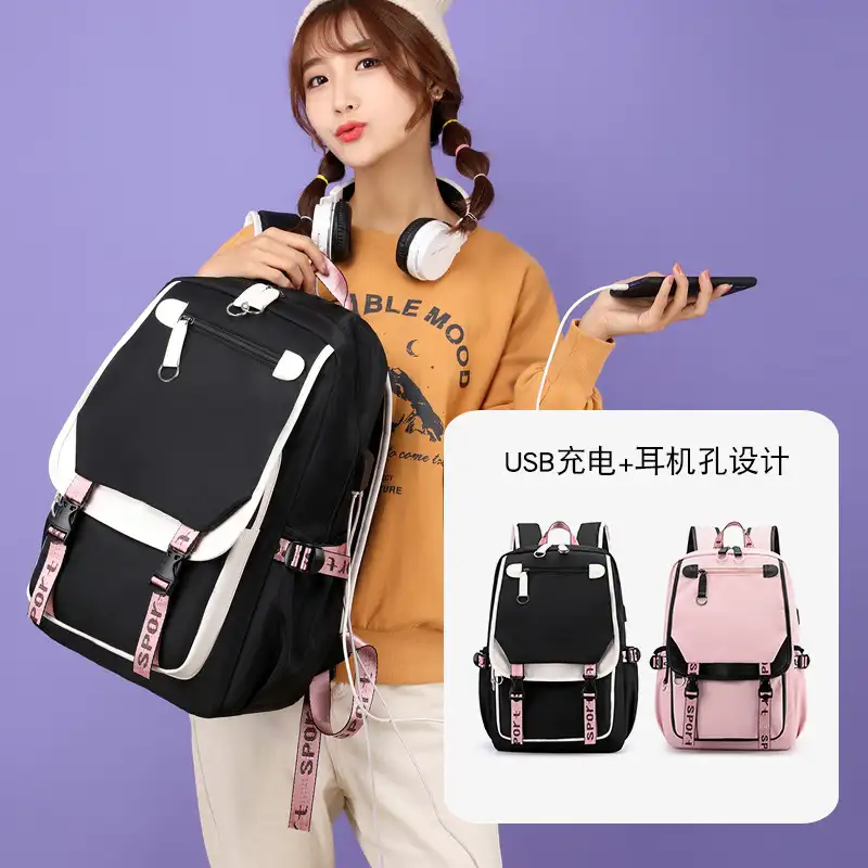 キッズバッグ10代の女の子のための大きなランドセルUSBポートキャンバススクールバッグ学生ブックバッグファッションブラックピンクティーンスクールバックパック