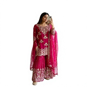 Women Traditional <b>Pink</b> Embroidered <b>Salwar</b> <b>Kameez</b> Floor-Length Loose Fit For Wedding Occasion India Pakistan Style - Product Image 1