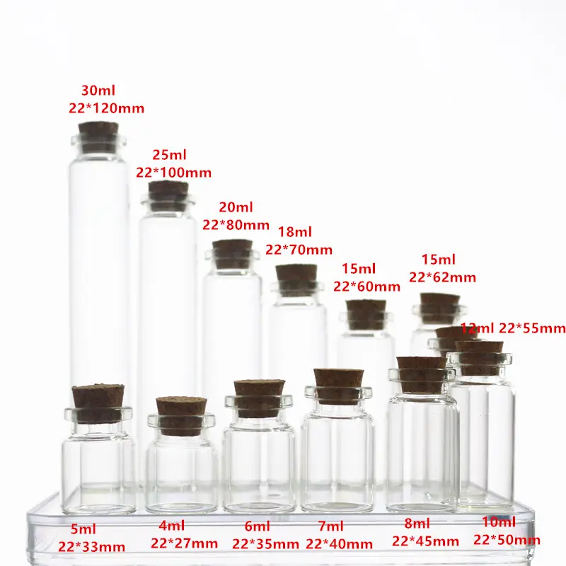 22mm dia bottles 4ml 5ml 7ml 8ml 10ml 12ml 15ml 20ml 30ml clear glass wishing/small drift bottle/vials with cork for gift vial