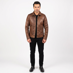 High Quality Brown Mens Biker <b>Leather</b> <b>Jacket</b> Sheepskin Zipper Custom Size <b>Long</b> Length <b>jacket</b> for men - Product Image 1
