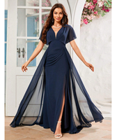 Robe de soirée formelle en mousseline de soie pour femme, col en V, manches chauve-souris, coupe trapèze, longue jusqu'au sol, avec taille marquée, idéale pour demoiselle d'honneur