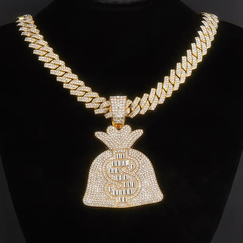 Sisslia đồ trang sức thời trang Shining Money Bag với Dollar Sign Charm Mặt dây chuyền 14K mạ vàng kim cương Iced out Mặt dây chuyền vòng cổ