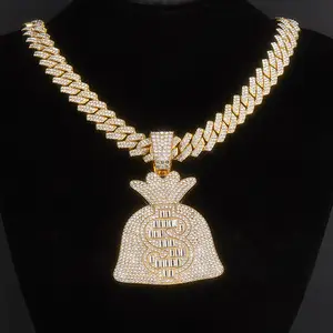 SISSLIA perhiasan modis tas uang bersinar dengan tanda dolar liontin jimat 14K berlian berlapis emas es keluar liontin kalung