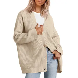 Outono Simples Versátil Aberto Malha Botão V-neck Camisola Cor Sólida para Mulheres Senhoras Tops Manga Longa Cardigan Sweater