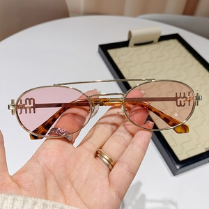 Miao Family Oval Retro Metal <b>Frame</b> Sunglasses Gold Pink Lens UV400 Women's Sunshade - Product Image 1