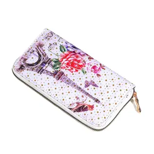 2023 Factory Custom Print Eiffel Tower And Flower PU Leather Long Single Zipper Wallet