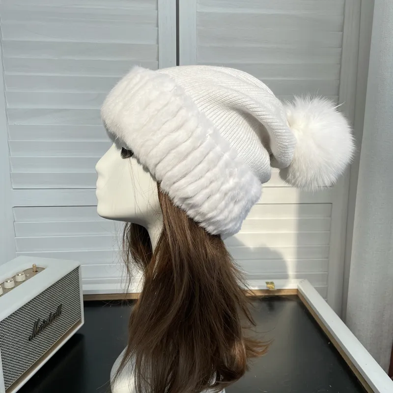 Top Quality Women's Winter Knitted Wool Belend Patchwork Real Mink Fur Hat Natural Fox Fur Pom Poms Beanie Lady Fashion