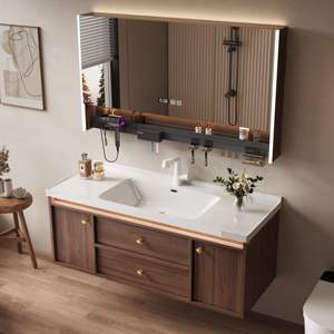 Nuevo mueble de baño de estilo chino con estructura de madera de nogal, lavabo cerámico integrado y espejo inteligente. - Product Image 4