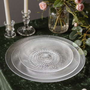 Vente directe d'usine en gros <span class=keywords><strong>Assiette</strong></span> à dîner transparente en <span class=keywords><strong>verre</strong></span> à rayures Ensemble de trois pièces <span class=keywords><strong>Assiette</strong></span> de présentation pour mariage Événement - Product Image 1